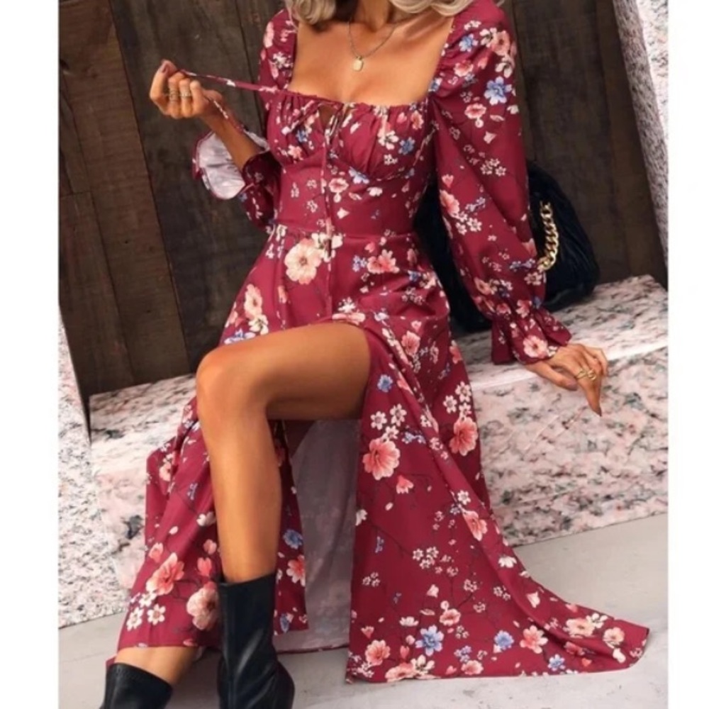 Boho Floral Print Ruffle Sleeve Maxi Dress